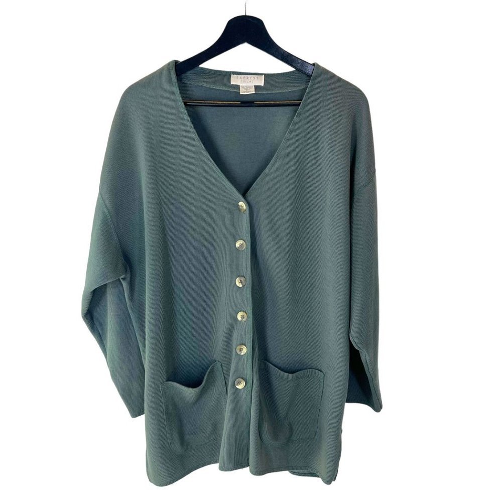 Vintage 90s Express Green Oversized Button Up Knit Sweater Top Large